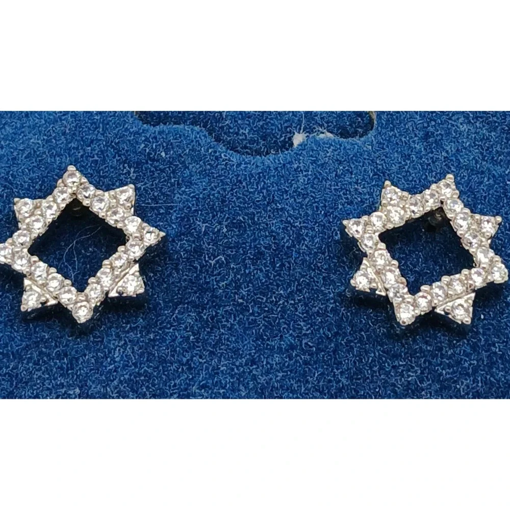 Vintage 1990s Cubic Zirconia Geometric Star Stud Earrings Silver Tone New‎